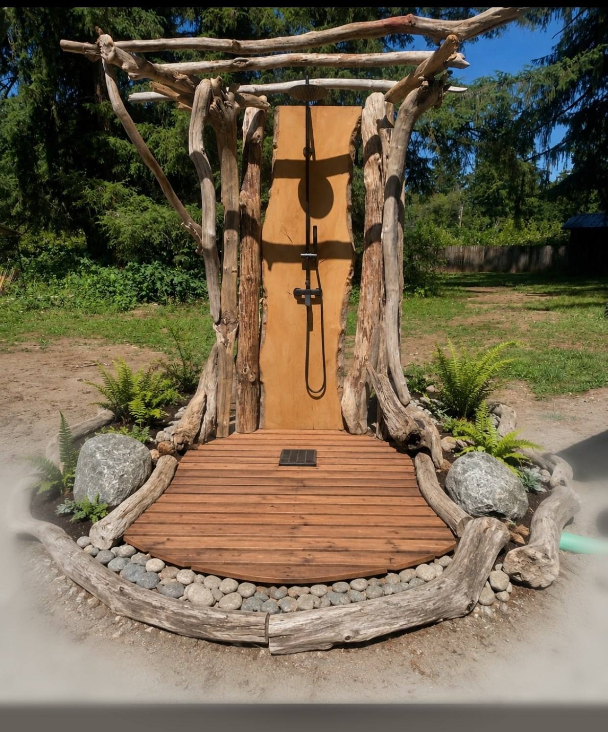 Outdoor cedar shower framed in driftwood with a river-rock border